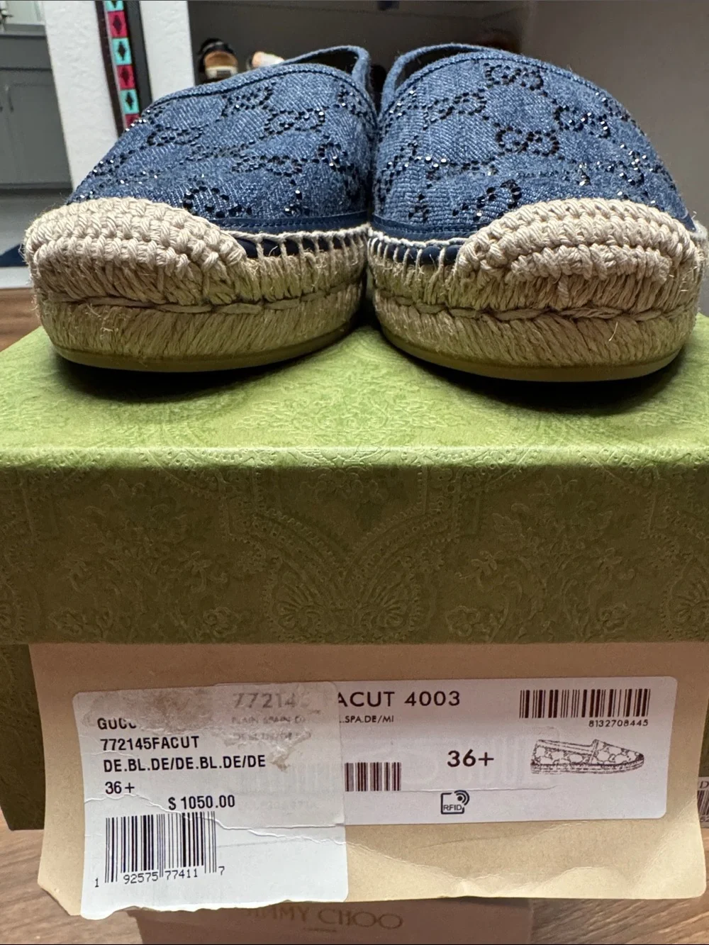 Gucci Espadrille GG Canvas Designer Flats Embellished Denim SZ 6.5 NIB